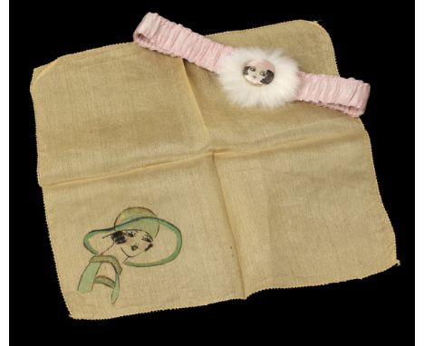 Handkerchief. A flapper girl handkerchief, plus garter, 1920s, &amp; other handkerchiefs, picot-edged cream silk handkerchief