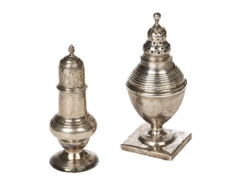Silver Shaker. A George III silver shaker by Richard Palmer, London 1777, of baluster form with engraved and pierced cover wi