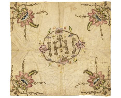 Chalice Veil. An embroidered and metalwork chalice veil, late 17th/early 18th century, with central initials 'IHS' and Latin 