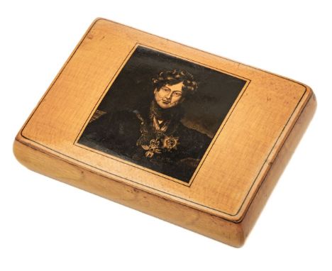 Snuff Box. A fine Regency treen snuff box circa 1830, the lid transfer printed in black with a profile of King George IV, an 