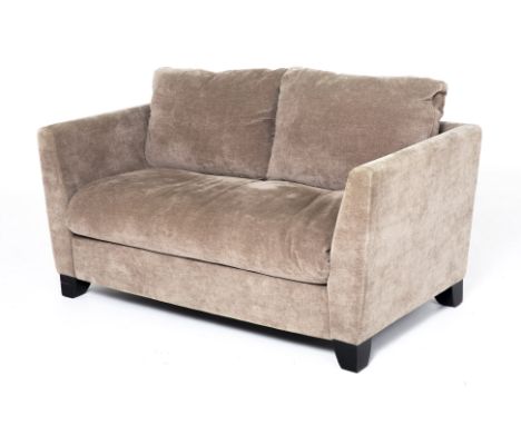 A VELOUR OYSTER GREY UPHOLSTERED TWO SEATER SOFA Reputedly purchased from Moie,&nbsp; 94cm x 161cm x 90cm Condition: Minor si