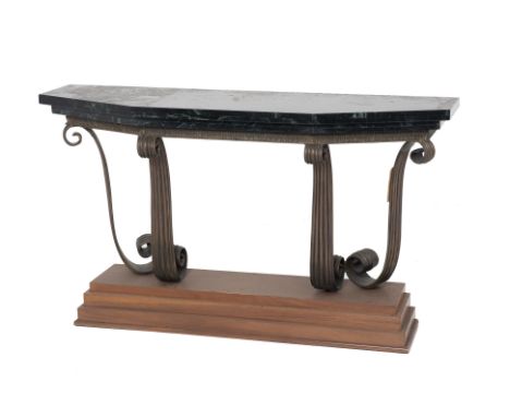 A MARBLE TOPPED CONSOLE TABLE
With metalware scroll supports, on a stepped plinth base
89cm x 46cm x 154cm
Condition: Minor s