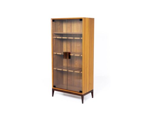 A BESPOKE HARDWOOD GLASS CABINET
With tempered glass doors and dark hardwood handles, the interior fitted with three hardwood