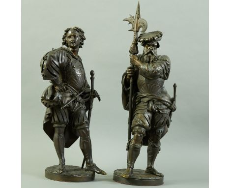 Auguste Carrier (1800-1875). Pair of bronze sculptures. One is of a young man leaning on a sword, marked 4500 along the base.