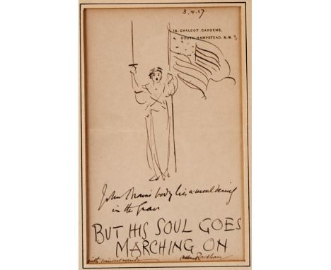 Arthur Rackham (1867-1939). Ink sketch on paper depicting a figure holding a flag and a sword aloft. Inscribed beneath the fi