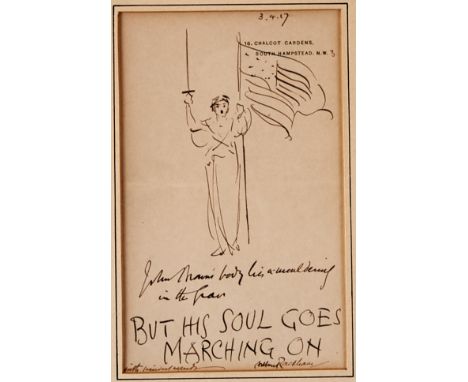 Arthur Rackham (1867-1939). Ink sketch on paper depicting a figure holding a flag and a sword aloft. Inscribed beneath the fi