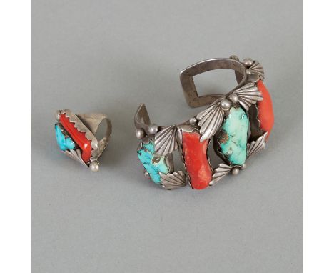 Dan Simplicio (Zuni, 1917-1969) attributed bracelet and ring with coral and turquoise stones.  Dimensions: Bracelet; height o