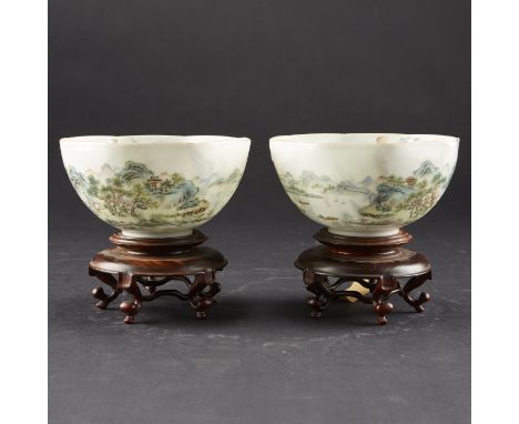 Pair of fine Chinese Republic Period famille rose octagonal eggshell porcelain bowls painted on exterior and interior with in