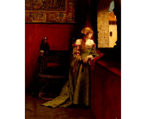 Jean Paul Laurens (French, 1838-1921). Oil on canvas laid board depicting Lucretia Borgia gazing out a window. Signed along t