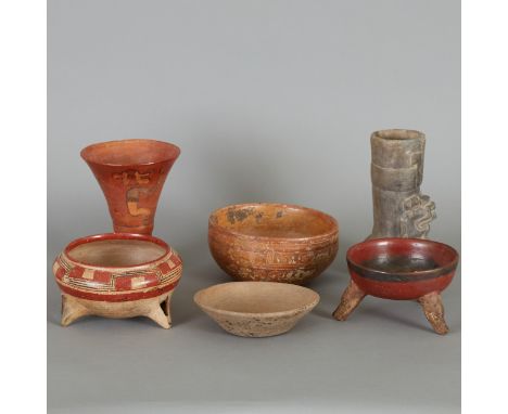 Six ceramic Pre-Columbian bowls from regions in Mesoamerica, including one Chupicuaro bowl from central Mexico (circa 100 B.C