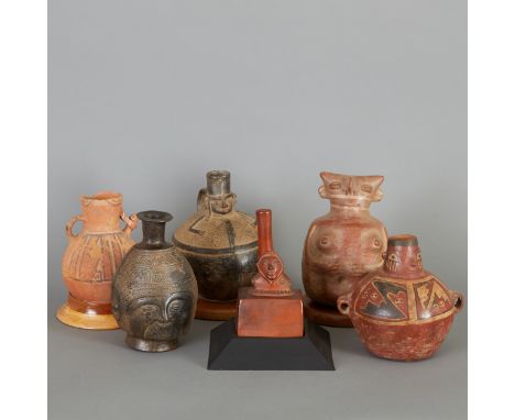 Six ceramic Pre-Columbian figural vessels from regions in Peru, including: one Chimu-Inca vessel (900-1470 C.E.); one Chancay