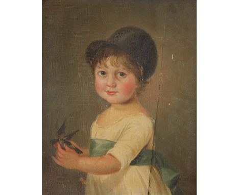 Group of two 19th century American School folk art paintings. One oil on board portrait of a girl holding a bird, and one oil
