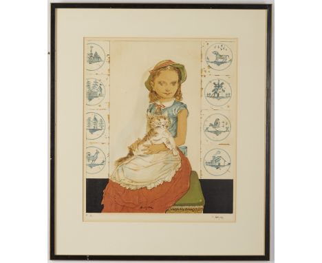 Leonard Tsuguharu Foujita (1886 - 1968). Color lithograph on paper titled "Jeune Fille Assise avec un Chat" depicting a young
