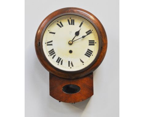 Beech and walnut wall clock, white enamel dial, spring driven movement, 35cm.