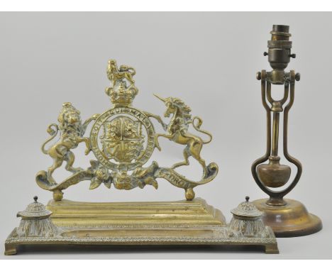 Brass adjustable table lamp, 30cm, a cast brass desk stand and a cast brass flat back with the Royal Arms, (3).
