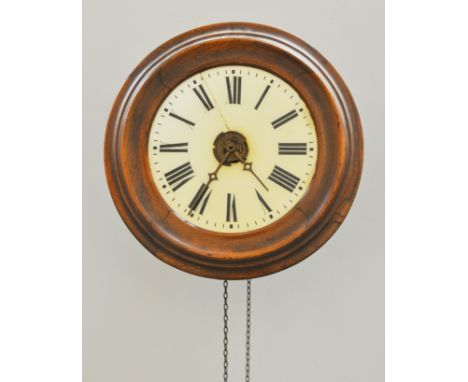 Stained wood postmans type alarm clock, moulded frame, glass dial (cracked), weight driven movement, striking on a bell, diam