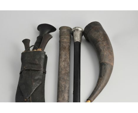 Kukri knife, a wooden flask, a silver topped cane and a scabbard. (4)