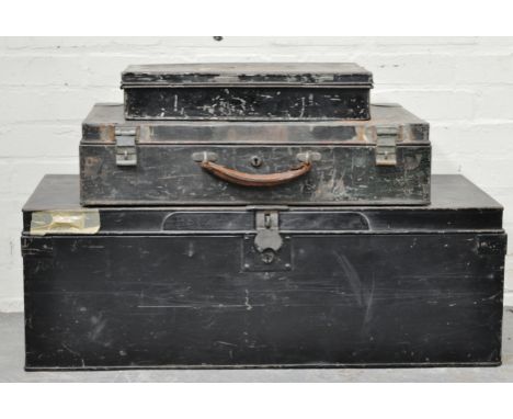 Tin travel trunk, width 90cm, a tin suitcase and another tin box, (3).
