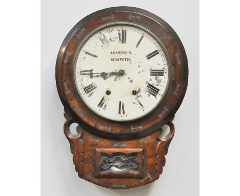 American type rosewood wall clock, inlaid decoration, white enamel dial signed J Harrison, Morpeth, 58cm.