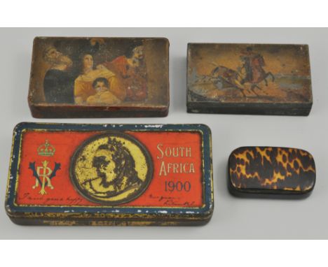 South Africa 1900 tin, and other tins, simulated tortoiseshell snuff box, Indian box etc.