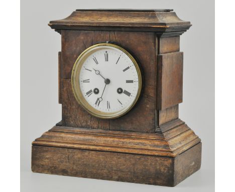 Victorian walnut and ebonised mantel clock, white enamel dial, French cylinder movement, striking on a bell, 26cm.