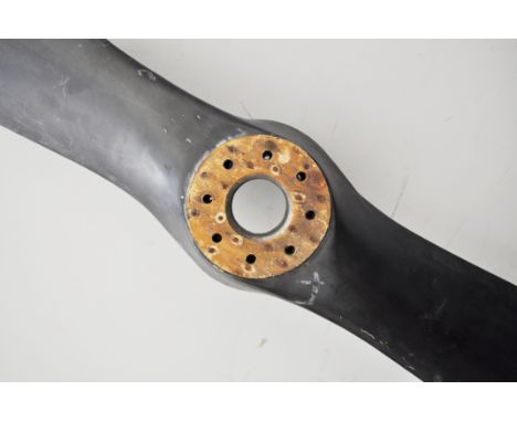 Vintage aeroplane propellor, black painted with yellow tips, 205cm.