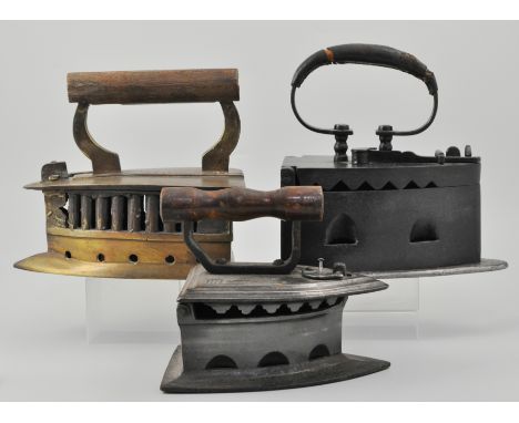 The DALLI patent charcoal iron, and four other vintage charcoal irons, (5).