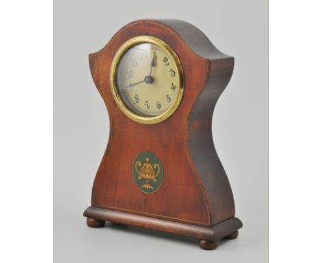 Edwardian stained wood mantel clock, printed decoration and boxwood stringing, 24cm.