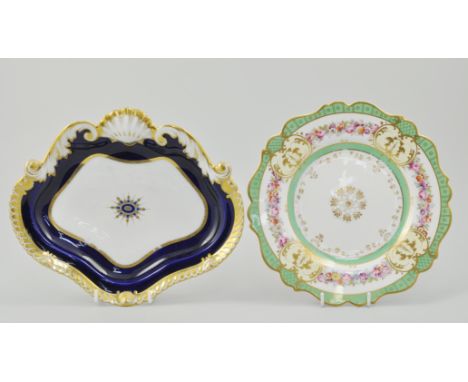 Pair of Chamberlains Worcester dessert dishes, mid 19th Century, blue and gilt decoration, shell scroll and gadrooned outline