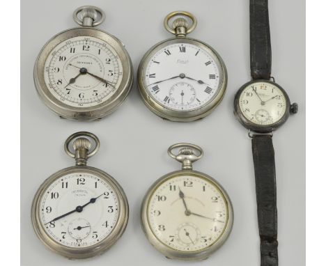 Vintage Waltham white metal cased wristwatch, and four pocket watches, (5).