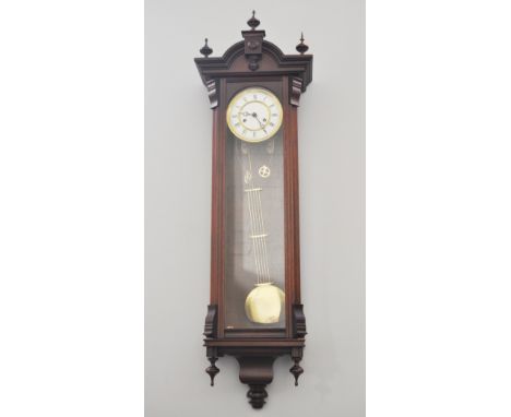 Modern mahogany cased Vienna wall clock, architectural pediment, enamelled dial, double weight driven movement, striking on a