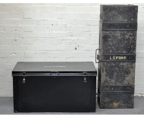 Tin uniform box, length 115cm and another tin trunk (2).