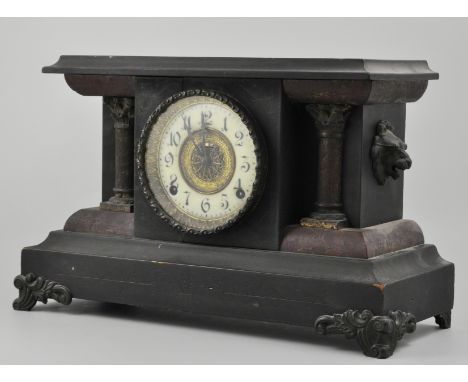 American simulated marble mantel clock, twin pilasters, ivorine chapter ring, spring driven movement, width 45cm.
