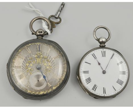 Victorian silver cased pocket watch, gilt numerals and decoration, engine turned dial, lever movement and another pocket watc