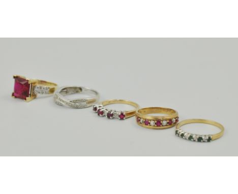 9k ruby and diamond ring, and four other dress rings, (5).