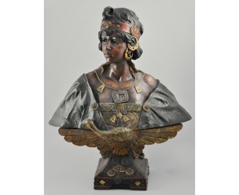 Pair of Goldscheider style terracotta composition busts, Uriela Cologne, 71cm.