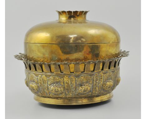 Indian brass bowl, embossed decoration of elephants, diameter 25cm and an Indian brass covered basin (2).