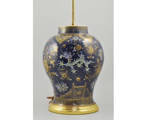 Chinese powder blue and polychrome vase, gilt and enamel decoration with dragons and flowers, probably Qing 19th Century, con