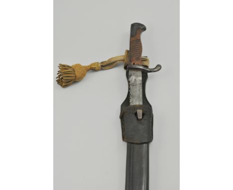 WWI butcher bayonet, 36cm blade, in scabbard with frog.