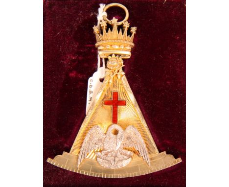 A Victorian silver, silver gilt and enamel masonic jewel with crucifix and bird motifs, in fitted Morocco leather case