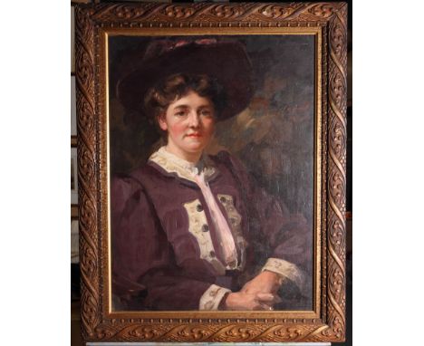 An oil on canvas, portrait of a lady in a purple dress and hat, 24" x 17"