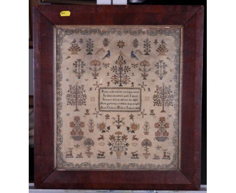 A 19th Century framed sampler worked trees, birds, central verse and floral meander border, Ann Osborn 1835, 14" x 12", in ro