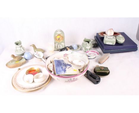 A Wedgwood green jasperware mantel clock, similar jasperware items, a Carlton Rouge Royale oval dish, a Booths Silicon china 