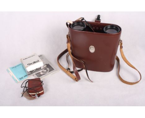 A pair of Zeiss Jenoptem 10 x 50 binoculars, in leather case; a Zeiss Ikophot light meter and a Walz flash gun