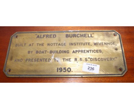 An engraved brass presentation plaque "Alfred Burchell" built at the Nottage Institute, Wivenhoe by boat building apprentices