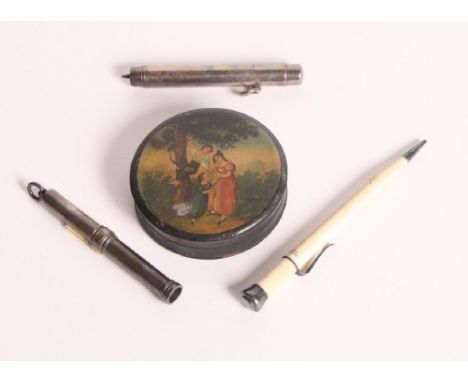 Two silver cased pencils, an ivory cased pencil and a papier-mâché patch box