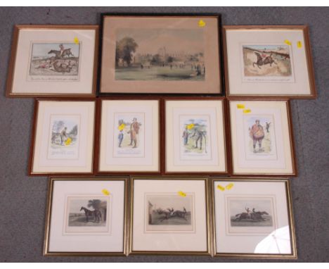 A coloured lithograph, view of Eton College from the playing fields, a set of four humorous golfing prints, three horse racin
