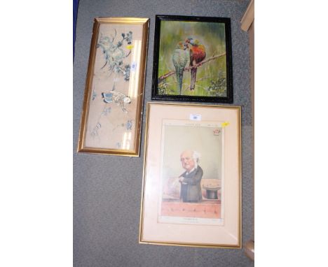 An oriental silk panel embroidered Chinaman and flowering bush, an oil painting of two parrots, a framed tapestry panel, "Res