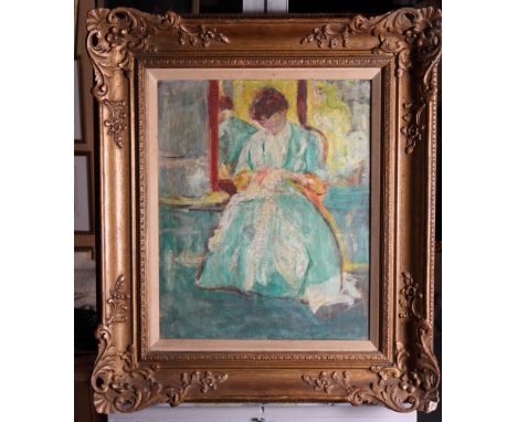 An Impressionist oil, portrait of a seated lady in a green dress, 17" x 14", in deep gilt swept frame