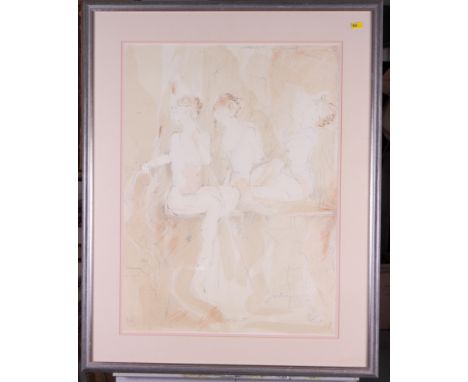 Janet Treby: a signed limited edition print of three seated dancers, "Reposant", in strip frame